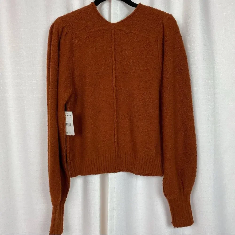 Free People Dark Orange Burnt Butter Reverie V Neck Blouson Sleeve Sweater NWT